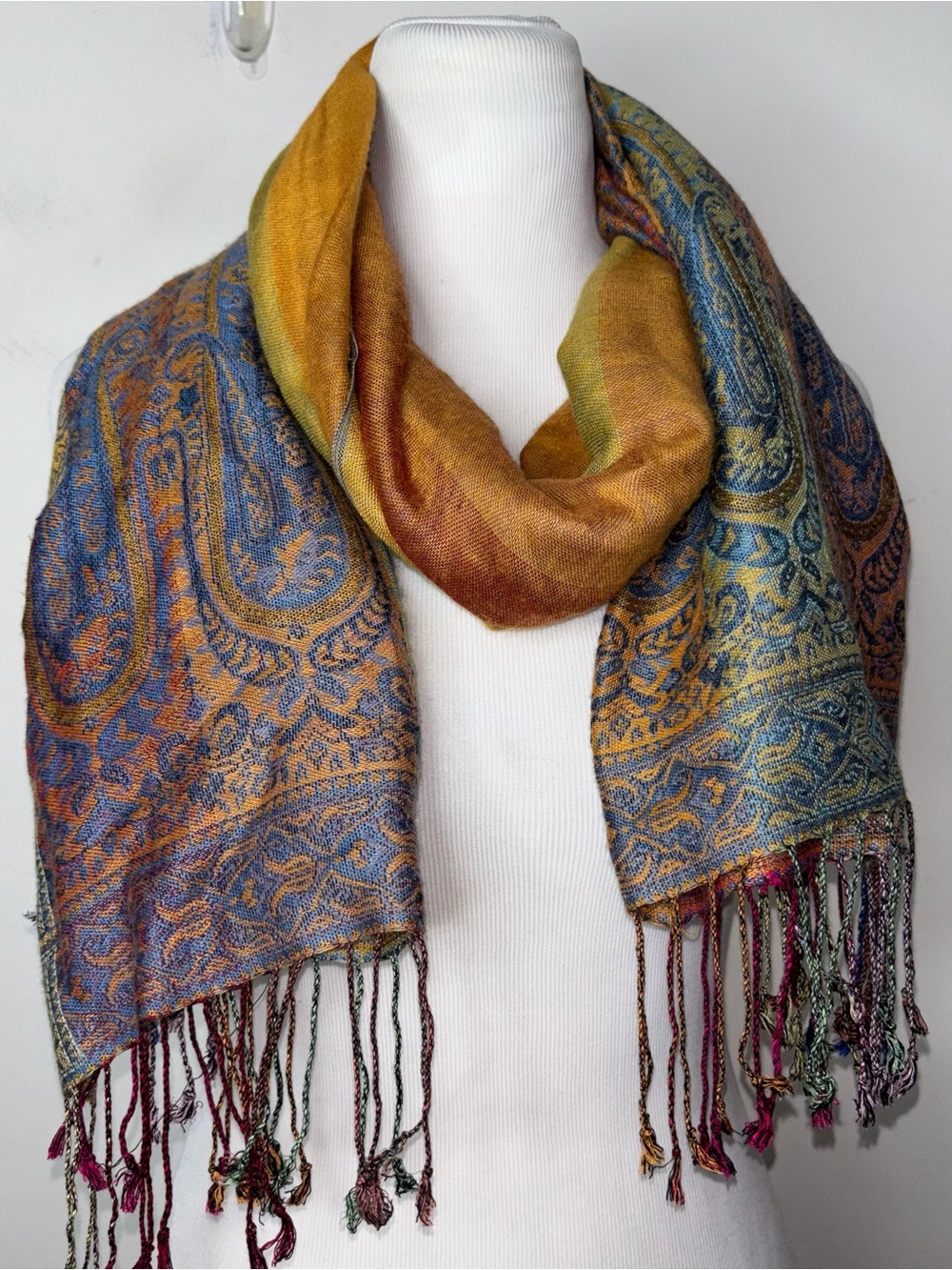Pashmina Silk Wrap Shawl Scarf Paisley Floral Fall Earth Tones Brown With Fringe